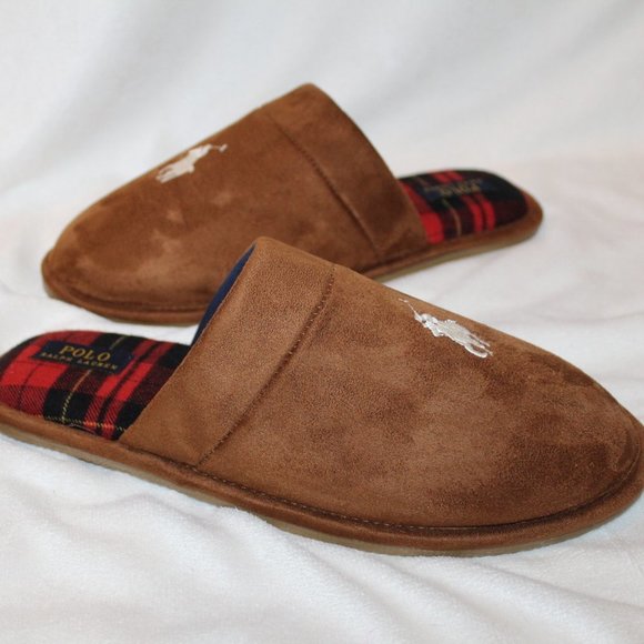 NIB POLO RALPH LAUREN MENS SUEDE PLAID SLIP ON SLIPPERS CHESTNUT‎ - Picture 1 of 6